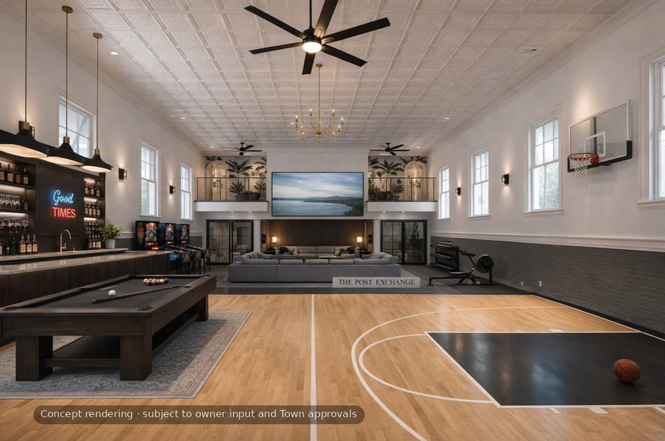 Concept rendering: the ballroom on game day, with a maple sport floor, a glass-backboard hoop and a screening lounge under the mezzanine
